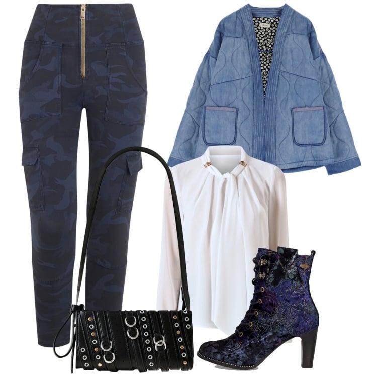 Outfit donna - Total look #2246659. Stile Casual chic per Ufficio. Abbinamento con borse a spalla, bluse, pantaloni cargo, blazer, stivaletti.