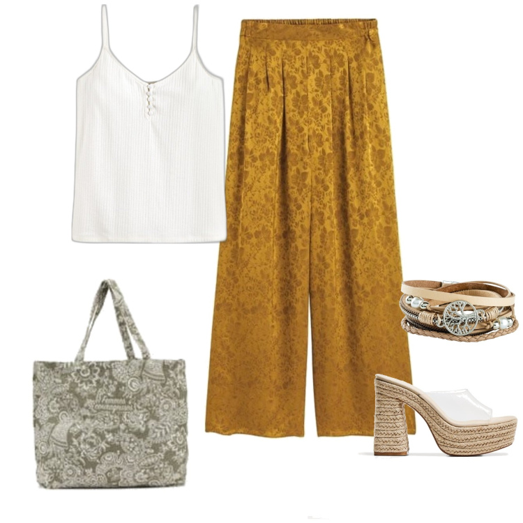 Outfit mujer - Casual chic #15276. Estilo Casual chic para Noche/Fiesta elegante. Combinación con pulseras, bolso tote, pantalones, sandalias, camisetas sin mangas.