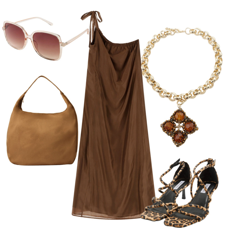 Outfit donna - È ancora estate. Stile Glamour per Tutti i giorni. Abbinamento con occhiali da sole, sandali col tacco, borse a mano, vestiti lunghi, collane.