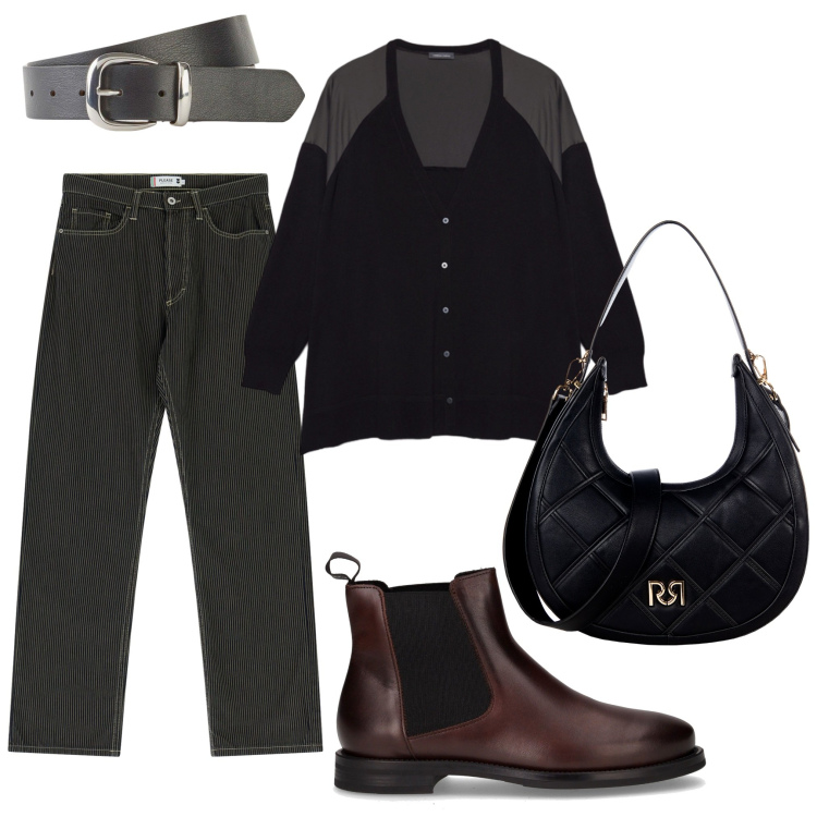 Outfit donna - Un po\' di fresco. Stile Casual per Tutti i giorni. Abbinamento con cinture, borse a tracolla, pantaloni, stivaletti chelsea, cardigans.