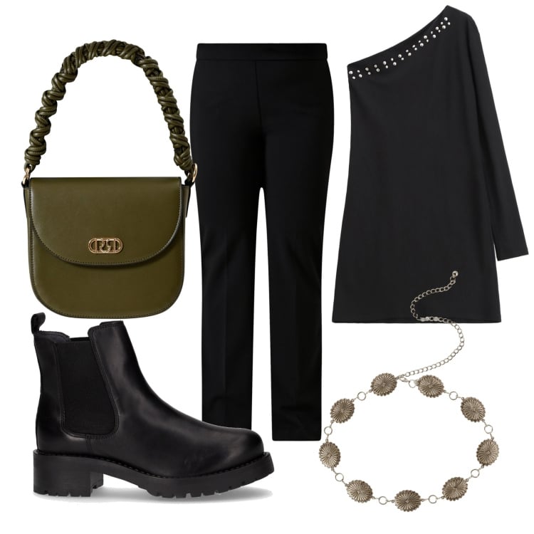 Outfit donna - Monospalla. Stile Casual per Tutti i giorni. Abbinamento con cinture, borse a mano, pantaloni a palazzo, vestiti asimmetrici, stivaletti chelsea.