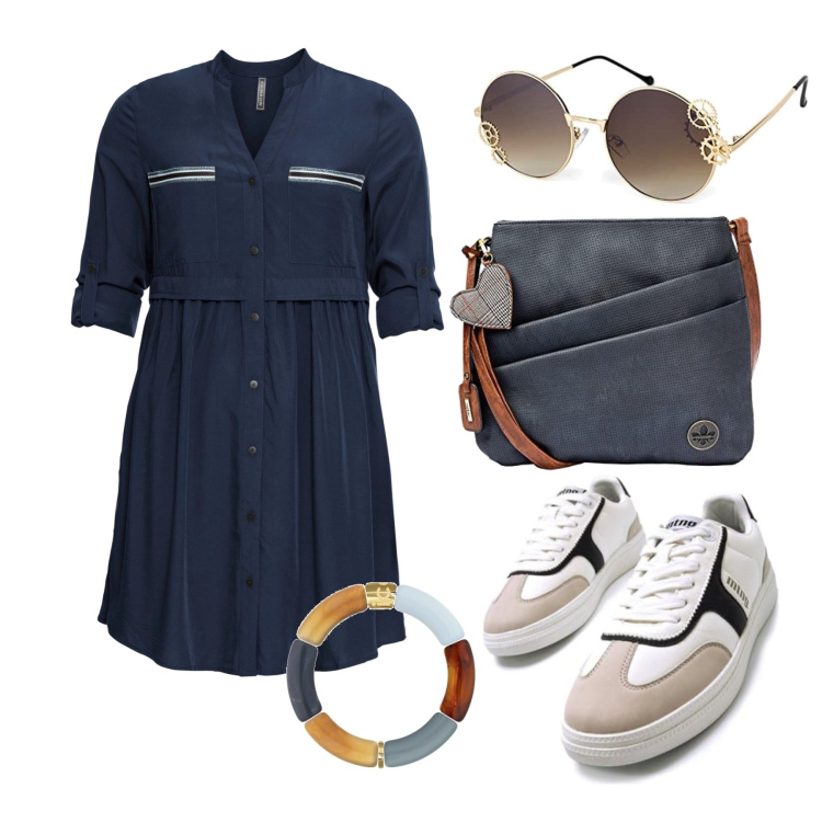 Outfit femme - Septembre. Style Casual chic pour Tous les jours. Assortir avec robes chemisier, sneakers, bracelets, lunettes de soleil, sacs à main.