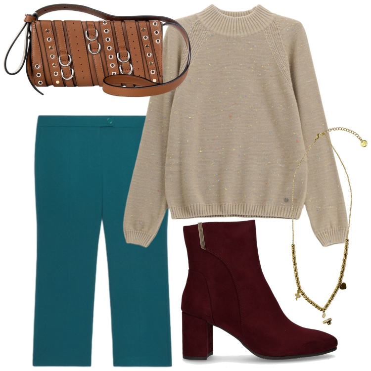 Outfit donna - Iun caldo maglione. Stile Casual per Tutti i giorni. Abbinamento con borse a spalla, maglieria, ciondoli, stivaletti, pantaloni.