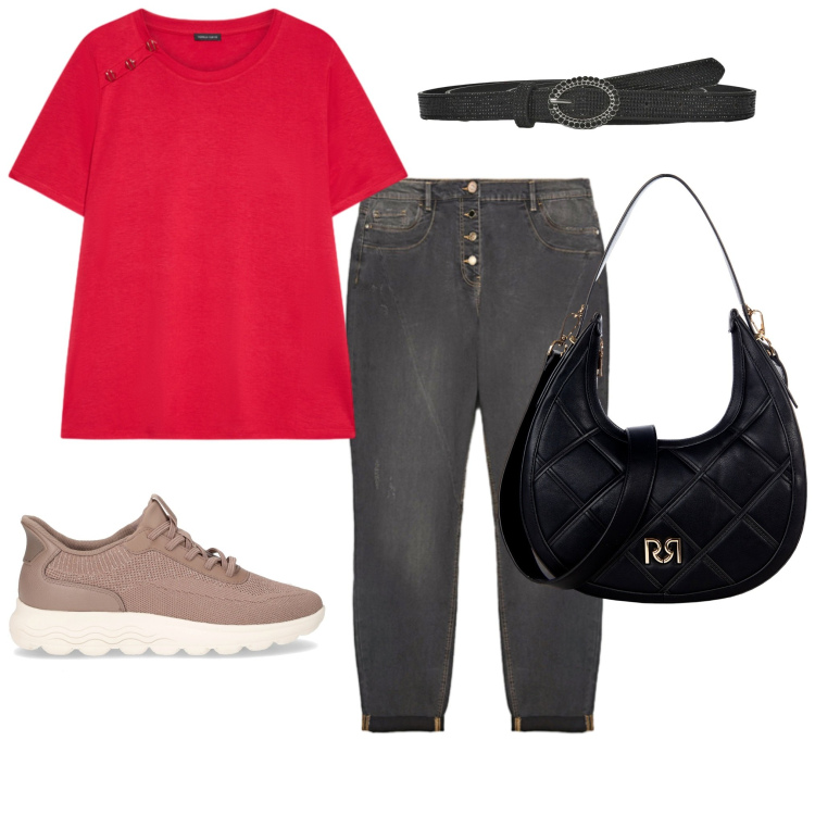 Outfit donna - Giornata sportiva. Stile Sporty chic per Tutti i giorni. Abbinamento con cinture, borse a tracolla, sneakers, jeans, bluse.