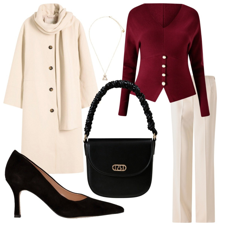 Outfit donna - Pinterest Inspiration x Bantoa. Stile Bon Ton per Serata fuori. Abbinamento con cappotti, maglieria, pantaloni a palazzo, borse a mano, ciondoli, décolleté.
