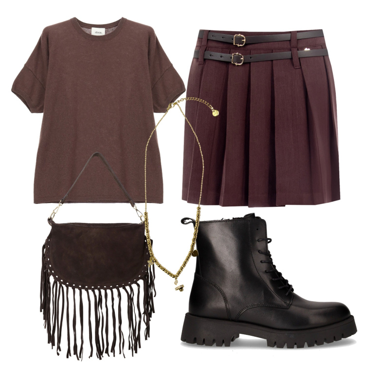 Outfit donna - Con gli anfibi. Stile Rock per Tutti i giorni. Abbinamento con minigonne, ciondoli, maglieria, borse a tracolla, anfibi.