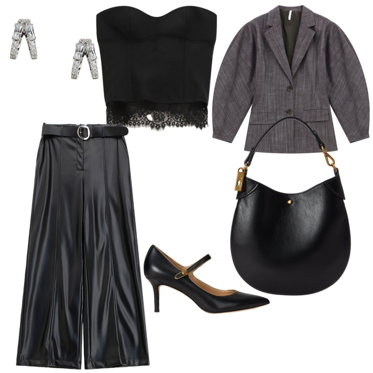 Outfit donna - Imperial. per Serata fuori. Abbinamento con pantaloni, top, blazer, orecchini, décolleté, pochette.