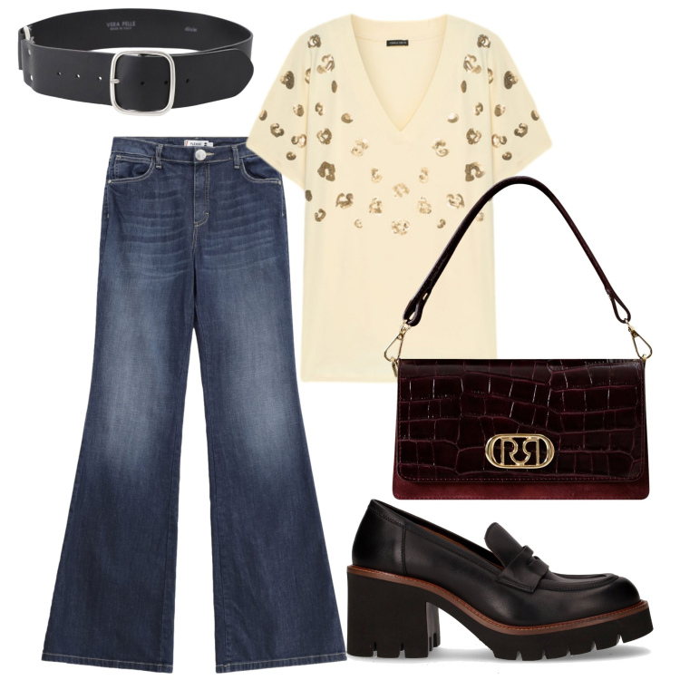 Outfit donna - I pantaloni a zampa. Stile 70s per Tutti i giorni. Abbinamento con borse a mano, jeans a zampa, cinture, t-shirt, décolleté.