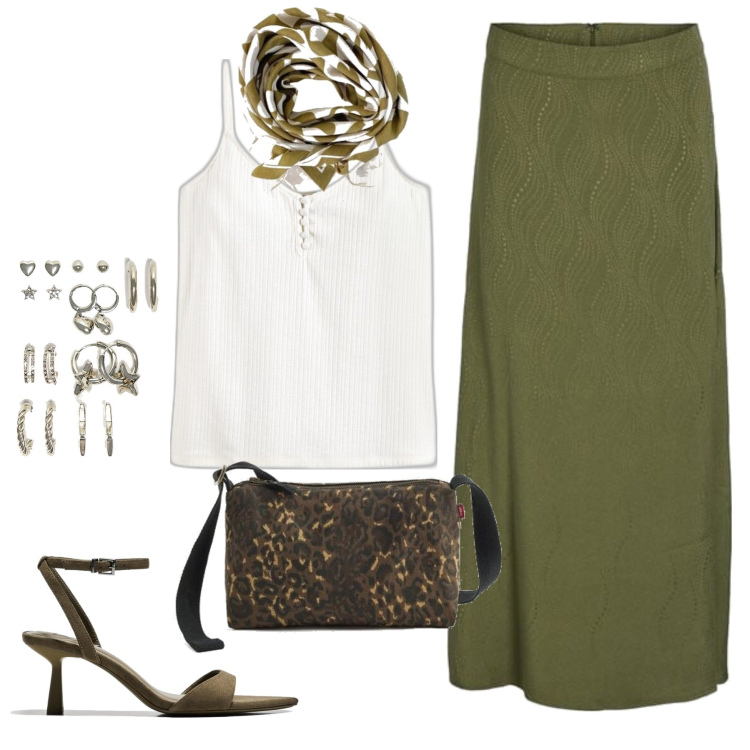 Outfit mujer - Casual chic #15283. Estilo Casual chic para Noche/Fiesta elegante. Combinación con falda longuette, pendientes, bandas para el pelo, camisetas sin mangas, bandoleras, sandalias de tacón.