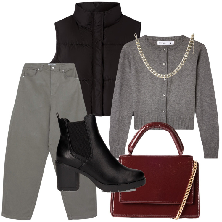 Outfit donna - Terranova - New Collection AI26. Stile Casual per Ufficio. Abbinamento con pantaloni, borse a tracolla, cardigans, collane, piumini, stivaletti chelsea.