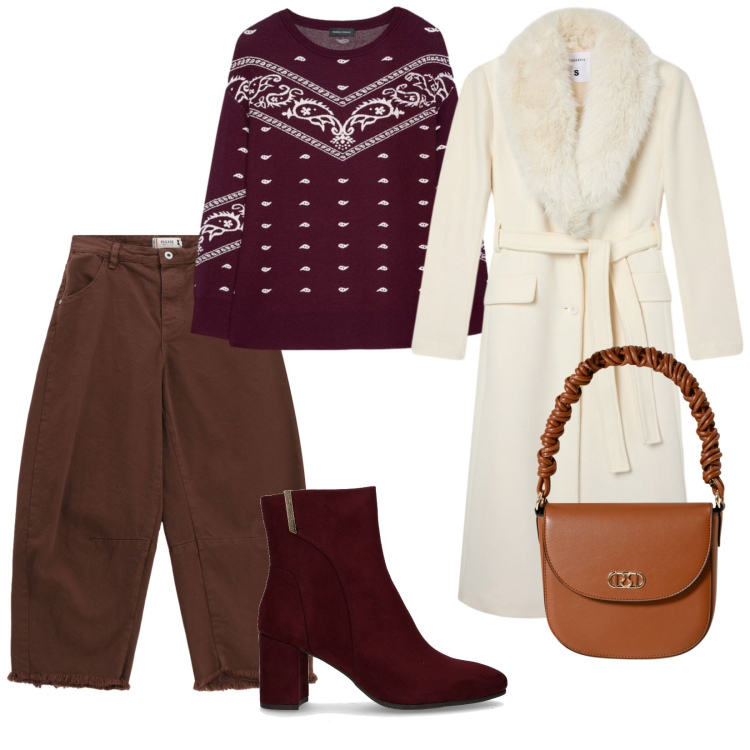 Outfit donna - Freddo. per Tutti i giorni. Abbinamento con cappotti, borse a mano, pantaloni, stivaletti, maglieria.