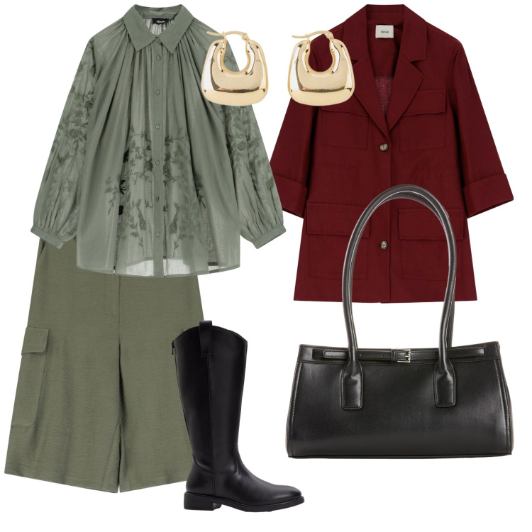 Outfit donna - Stivali. per Tutti i giorni. Abbinamento con orecchini, borse a mano, stivali, camicie, blazer, shorts.