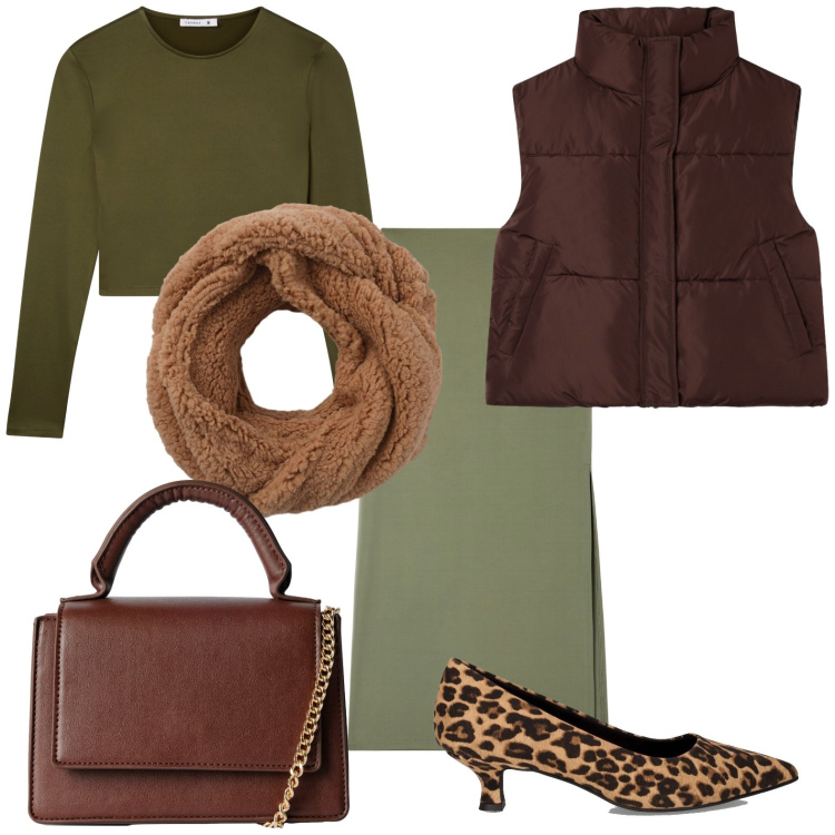Outfit donna - Terranova - New Collection AI26. Stile Minimal per Tutti i giorni. Abbinamento con t-shirt, gonne lunghe, borse a tracolla, piumini, sciarpe, décolleté.