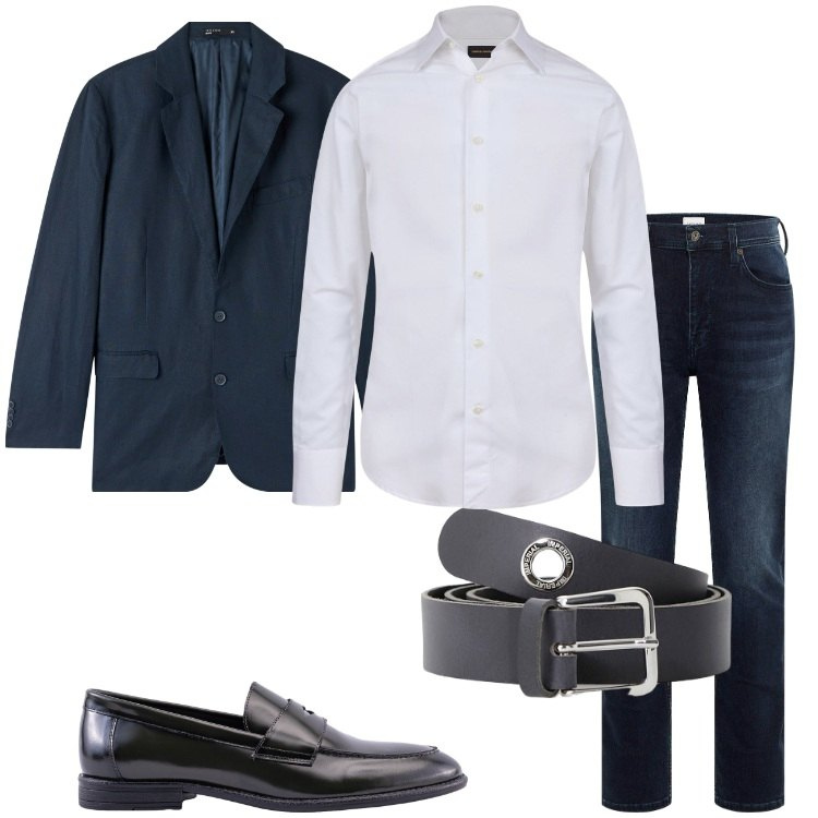 Outfit uomo - Jeans scuri e camicia bianca. Stile Business/Elegante per Serata speciale. Abbinamento con jeans slim fit, giacche, cinture, camicie, scarpe stringate.