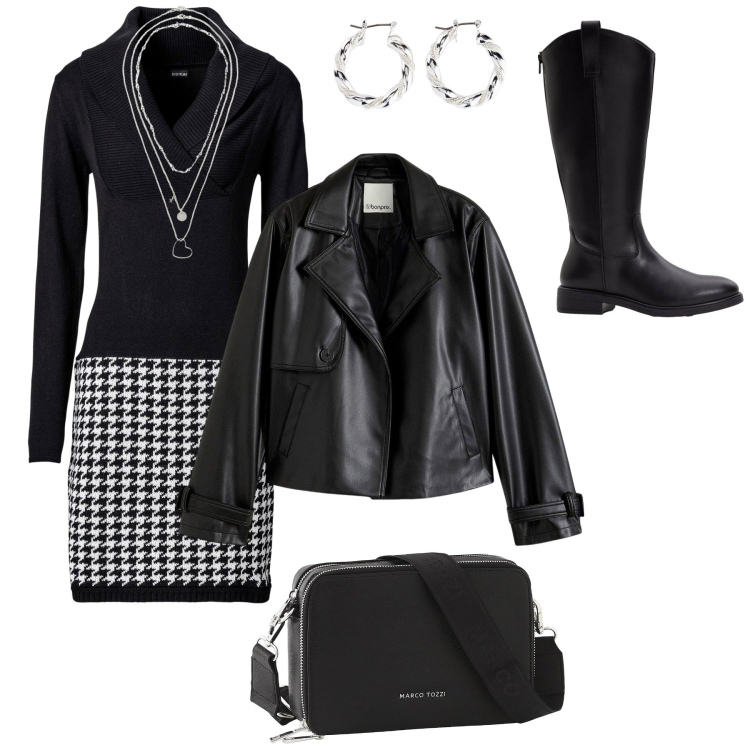 Outfit donna - Bonprix autunno. Stile Casual per Tutti i giorni. Abbinamento con trench, vestiti, collane, stivali, borse a tracolla, orecchini.