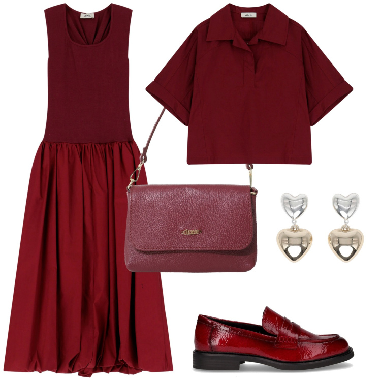 Outfit donna - Bordeaux Mood. Stile Casual per Ufficio. Abbinamento con orecchini, vestiti midi/longuette, camicie a manica corta, borse a tracolla, mocassini.