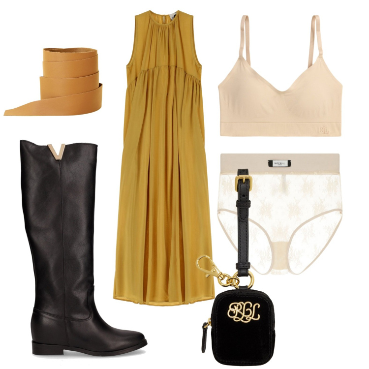 Outfit donna - FW25 Dixie - Behind the bold. Stile Glamour per Serata fuori. Abbinamento con cinture, slip, vestiti lunghi, pochette, reggiseni, stivali.