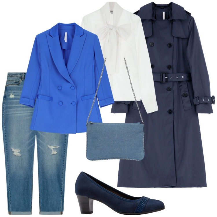 Outfit donna - Total look #2246721. Stile Urban per Ufficio. Abbinamento con décolleté, borse a tracolla, camicie, blazer, trench, jeans strappati.