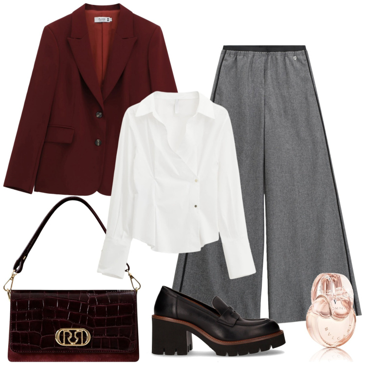 Outfit donna - Autunno casual. Stile Casual per Ufficio. Abbinamento con profumi, borse a mano, blazer, pantaloni, camicie, décolleté.