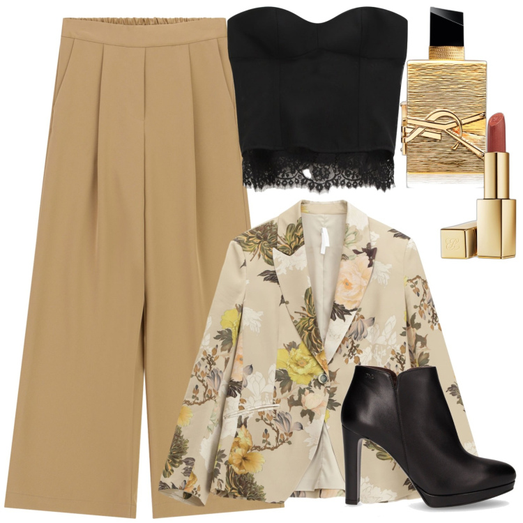 Outfit donna - Stivaletti nero giardini. Stile Chic per Tutti i giorni. Abbinamento con rossetti, profumi, top, blazer, pantaloni a palazzo, stivaletti.