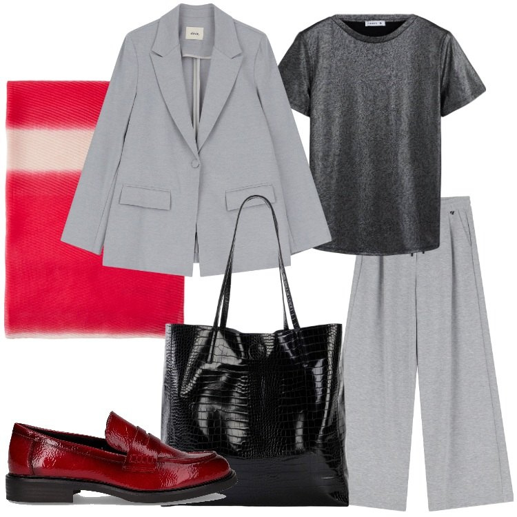 Outfit donna - Torno in ufficio - @danipoetessa73. Stile Urban per Ufficio. Abbinamento con shopping bag, t-shirt, blazer, pantaloni a palazzo, stole, mocassini.