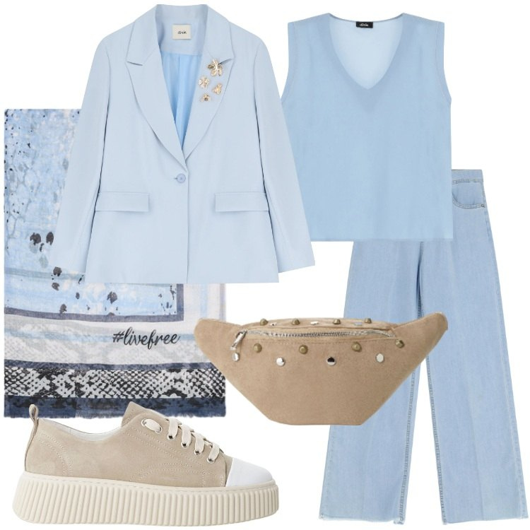 Outfit donna - Ancora estate. Stile Trendy per Tutti i giorni. Abbinamento con sneakers, blazer, jeans, marsupi, top, foulard.