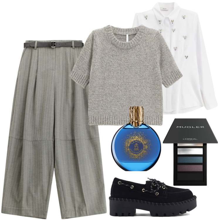 Outfit donna - Comfort e libertà. Stile Urban per Ufficio. Abbinamento con profumi, ombretti, pantaloni, maglieria, camicie, mocassini.