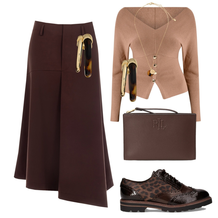 Outfit donna - Rinascimento FW26. Stile Trendy per Ufficio. Abbinamento con gonne longuette, maglieria, pochette, orecchini, collane, scarpe stringate.