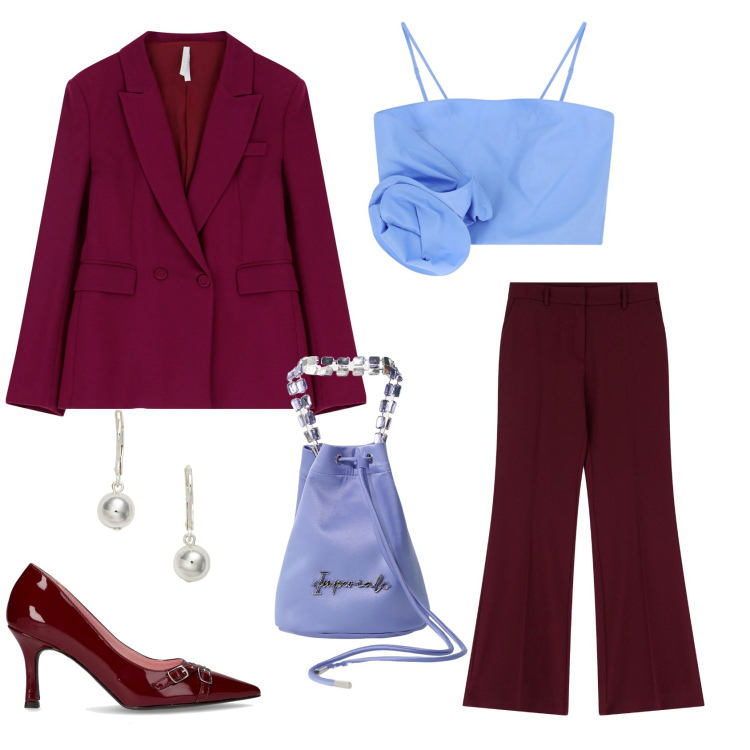 Outfit donna - Total look #2246736. Stile Chic per Cerimonia. Abbinamento con pantaloni, borse a secchiello, top, blazer, orecchini, décolleté.