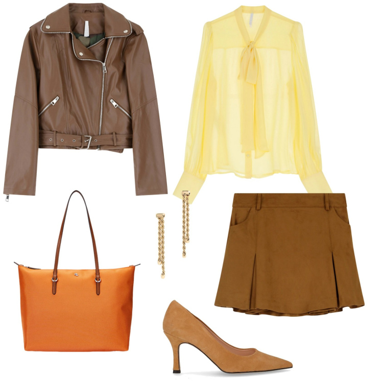 Outfit donna - Total look #2246737. Stile Casual chic per Ufficio. Abbinamento con minigonne, camicie, giacche, borse tote, orecchini, décolleté.