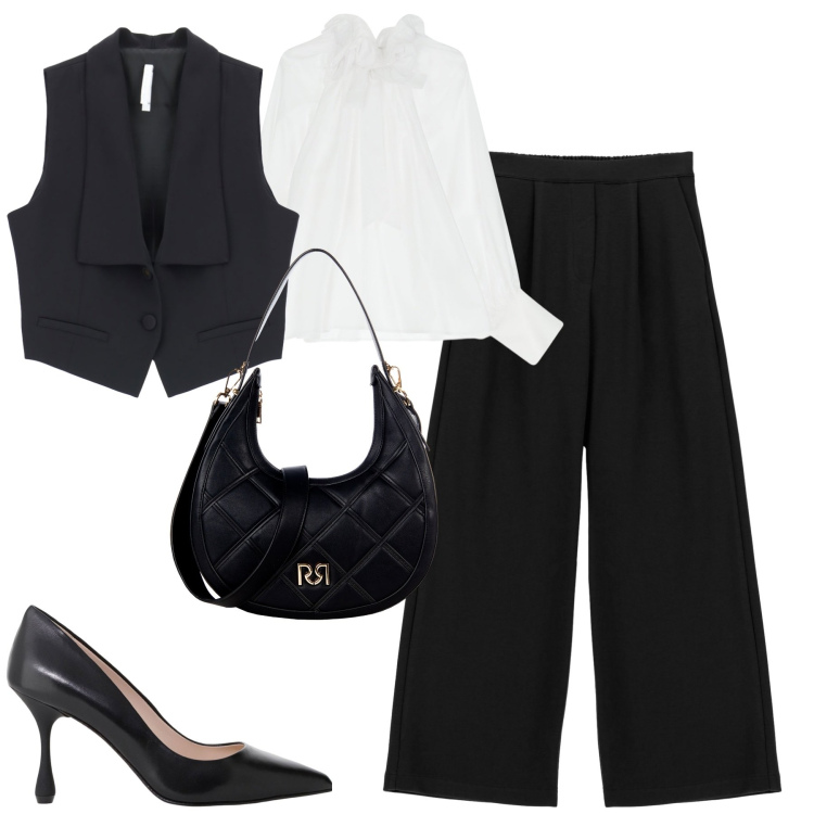 Outfit donna - Black and White. Stile Urban per Tutti i giorni. Abbinamento con borse a tracolla, gilet, décolleté, pantaloni a palazzo, camicie.