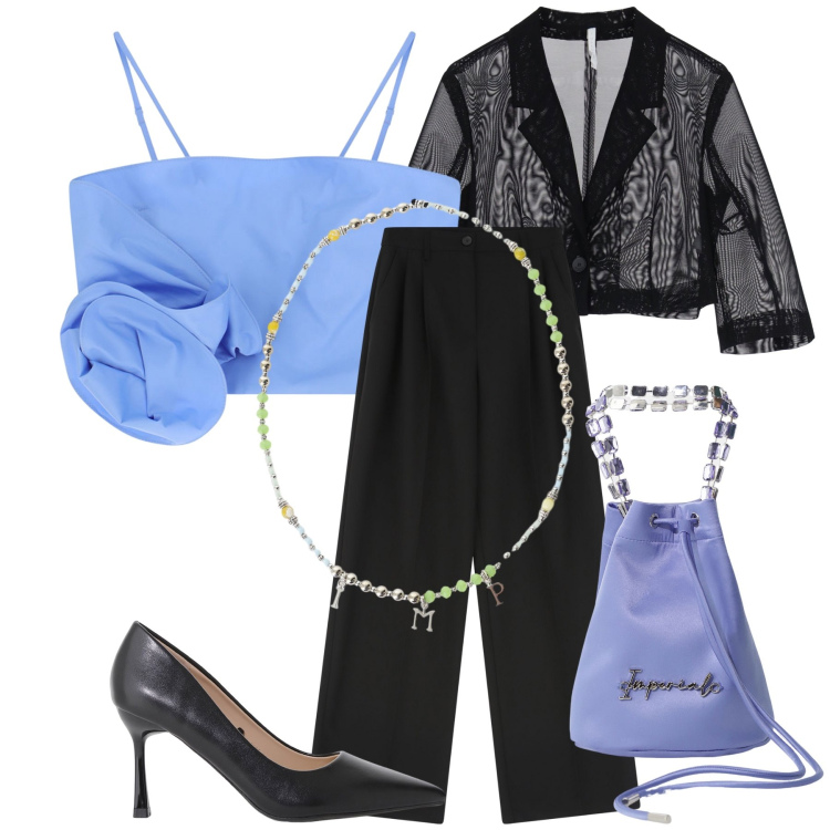 Outfit donna - Imperial lady. Stile Glamour per Serata fuori. Abbinamento con pantaloni, top, collane, décolleté, borse a secchiello, blazer.