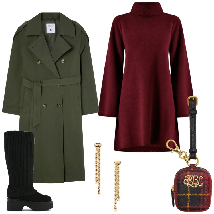 Outfit donna - Borsetta tartan. Stile Urban per Tutti i giorni. Abbinamento con trench, vestiti corti, orecchini, pochette, stivali sopra il ginocchio.