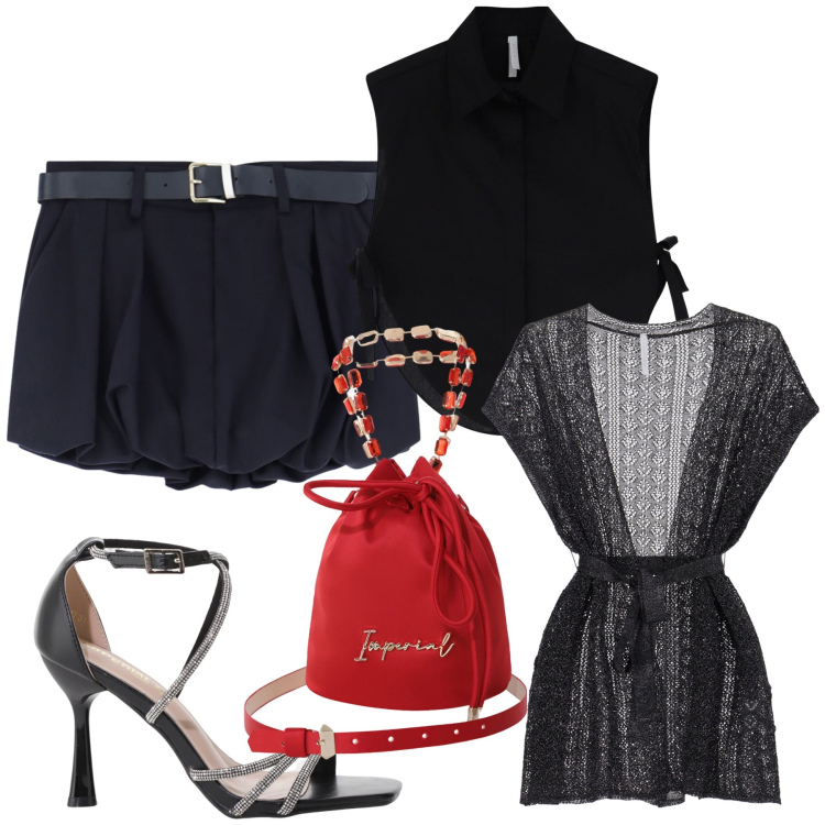 Outfit donna - Borsa rossa per sprint al look. Stile Trendy per Serata fuori. Abbinamento con minigonne, borse a secchiello, cappotti, camicie, sandali col tacco.