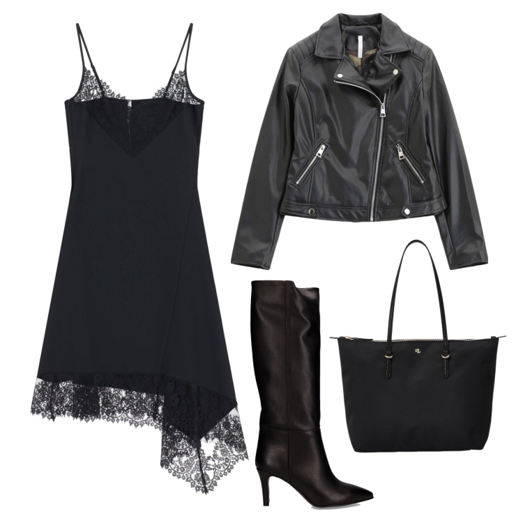 Outfit donna - Dettagli pizzo e biker di sera. Stile Casual chic per Serata fuori. Abbinamento con blazer, vestiti asimmetrici, borse tote, stivali.