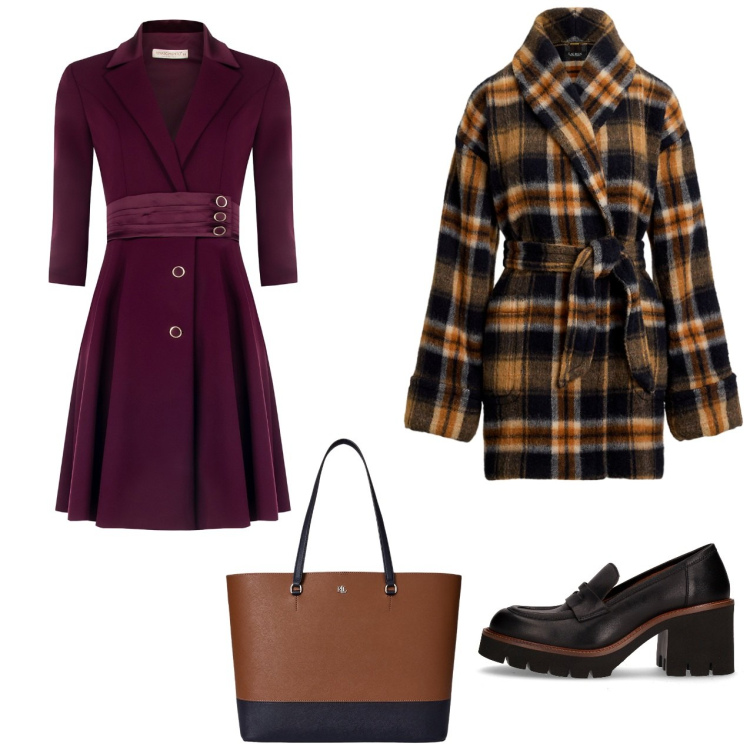 Outfit donna - Cappotto tartan. Stile Casual chic per Ufficio. Abbinamento con vestiti midi/longuette, cappotti, borse tote, décolleté.