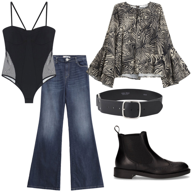 Outfit donna - Un tuffo nei settanta. Stile Vintage retrò per Tutti i giorni. Abbinamento con jeans a zampa, camicie, body, cinture, stivaletti chelsea.