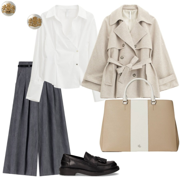 Outfit donna - Ready for work. Stile Casual chic per Ufficio. Abbinamento con camicie, trench, pantaloni a palazzo, orecchini, borse a mano, mocassini.