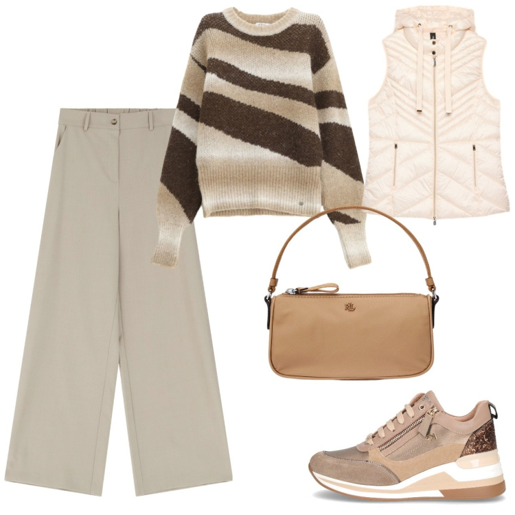 Outfit donna - Tempo libero. Stile Casual per Tutti i giorni. Abbinamento con pullovers, pantaloni a palazzo, pochette, piumini, sneakers alte.