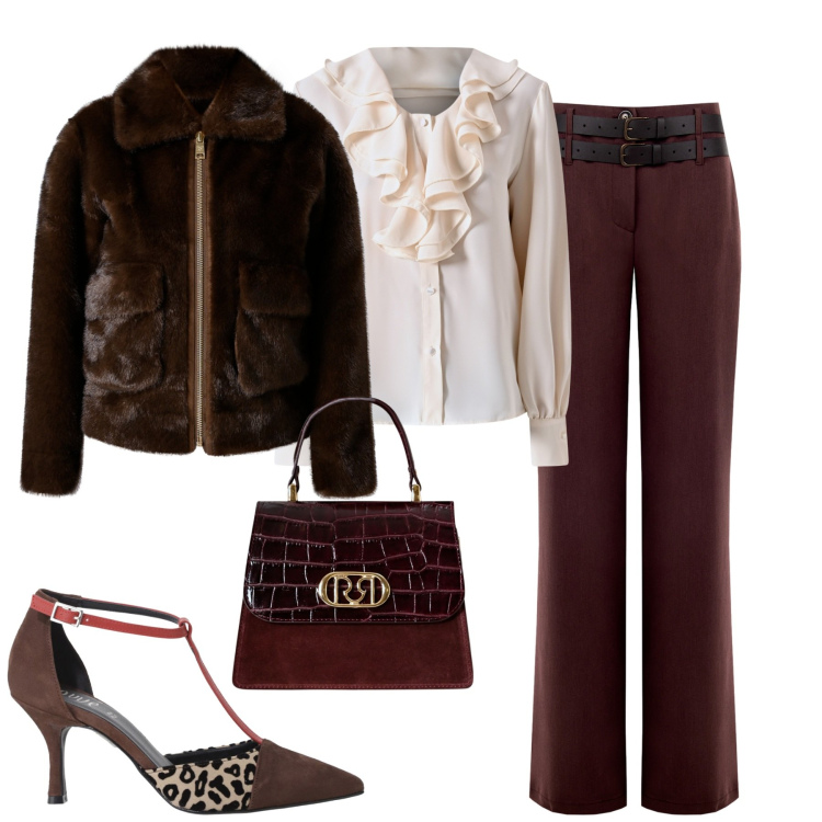 Outfit donna - Rinascimento. Stile Trendy per Tutti i giorni. Abbinamento con bluse, pantaloni, borse a mano, ecopellicce, décolleté.