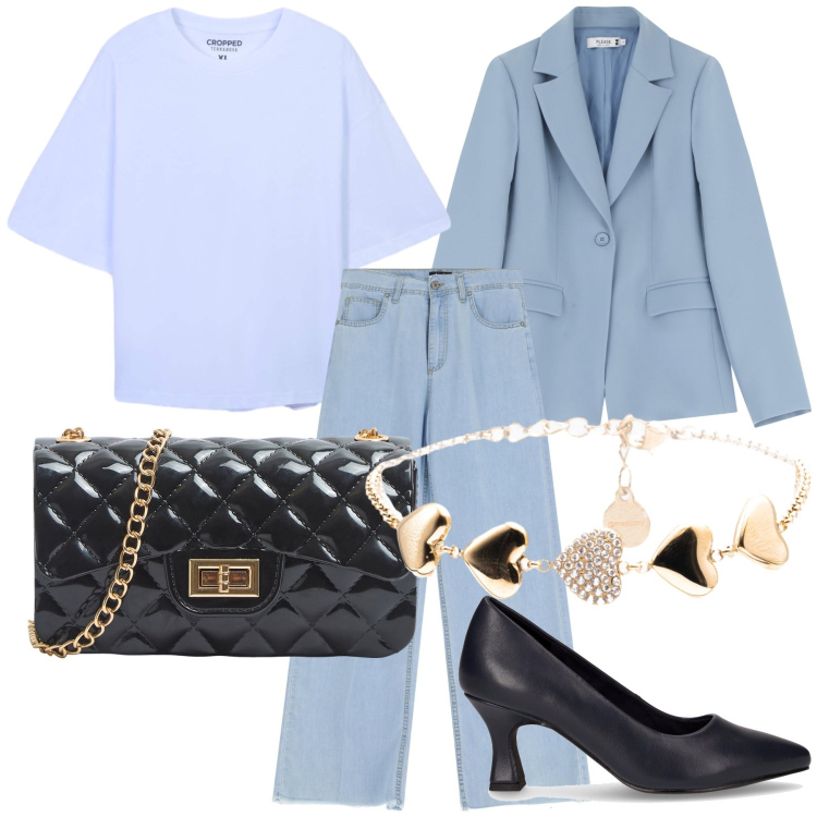 Outfit donna - Tailleur col jeans. Stile Bon Ton per Ufficio. Abbinamento con borse a tracolla, t-shirt, blazer, braccialetti, jeans, décolleté.