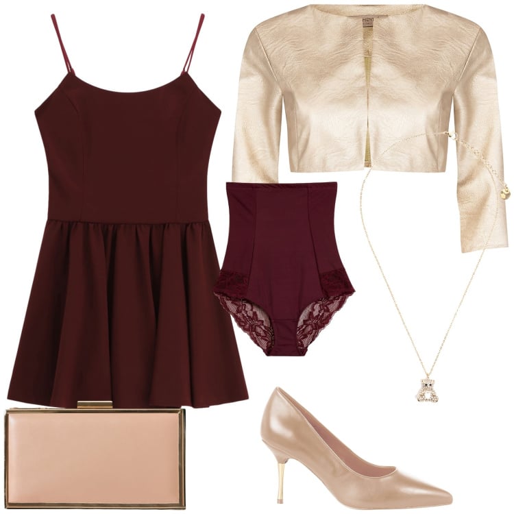 Outfit donna - Cerimonia oro cioccolato. Stile Glamour per Cerimonia. Abbinamento con culotte, bolero, décolleté, pochette, vestiti corti, ciondoli.