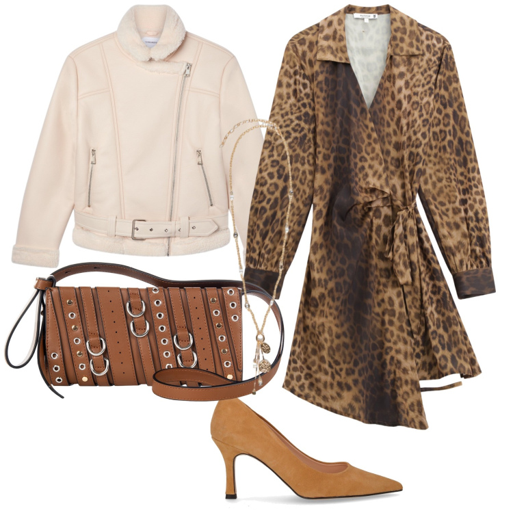 Outfit donna - Eleganza pura al lavoro. Stile Chic per Ufficio. Abbinamento con bomber, borse a spalla, vestiti corti, décolleté, ciondoli.