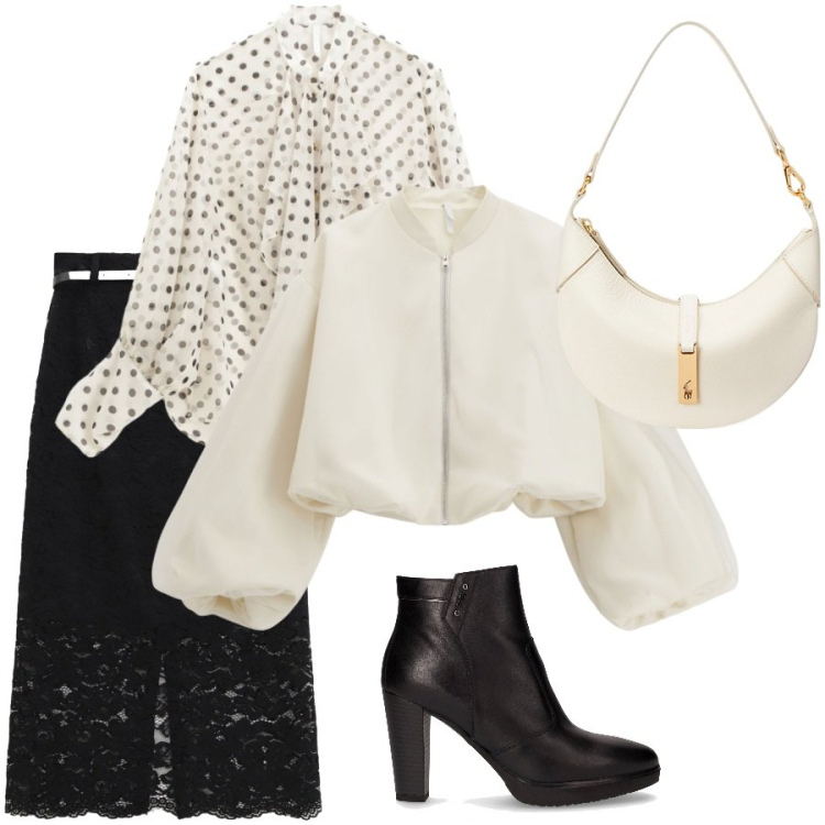 Outfit donna - Chic. Stile Chic per Serata fuori. Abbinamento con gonne lunghe, bomber, camicie, borse a spalla, stivaletti.