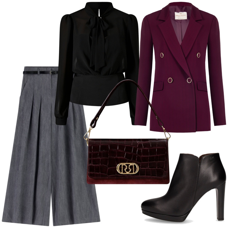 Outfit donna - Total look #2246772. Stile Chic per Ufficio. Abbinamento con blazer, borse a mano, bluse, pantaloni a palazzo, stivaletti.