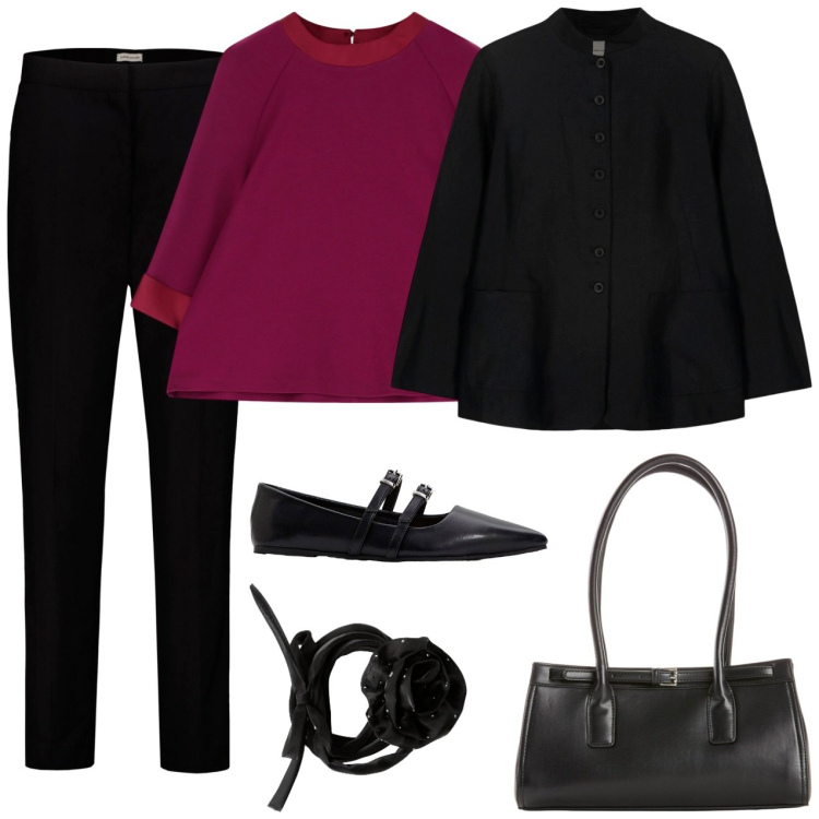 Outfit donna - Bordeaux e nero. Stile Casual chic per Tutti i giorni. Abbinamento con borse a mano, ballerine, collane, felpe, blazer, pantaloni.