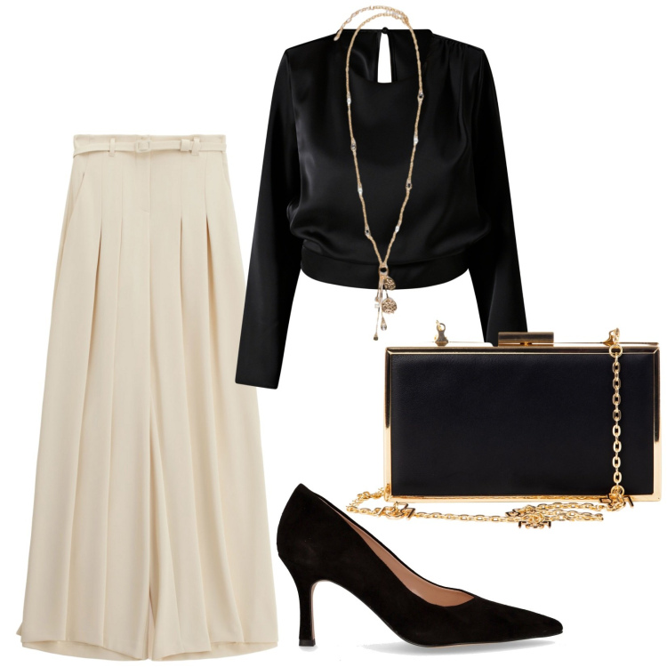 Outfit donna - Total look #2246778. Stile Chic per Serata fuori. Abbinamento con bluse, pochette, pantaloni a palazzo, ciondoli, décolleté.