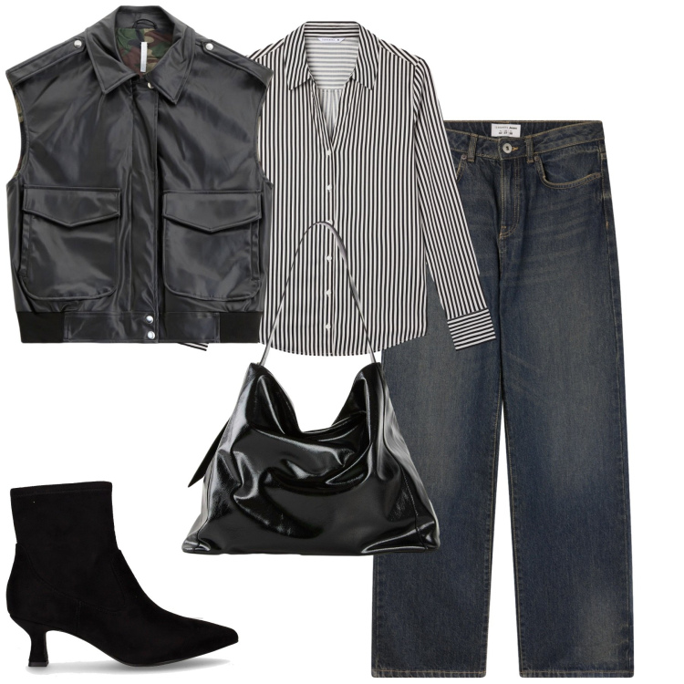 Outfit donna - City. Stile Urban per Tutti i giorni. Abbinamento con shopping bag, camicie, jeans dritti, gilet, stivaletti.