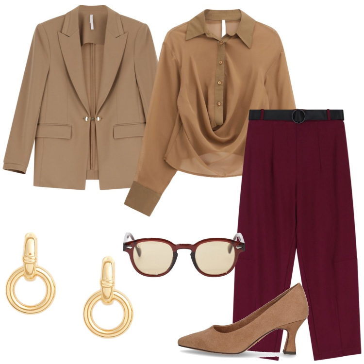 Outfit donna - Total look #2246785. Stile Chic per Tutti i giorni. Abbinamento con occhiali da sole, camicie, pantaloni, blazer, orecchini, décolleté.