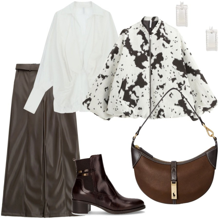 Outfit donna - Il maculato must have. Stile Casual chic per Ufficio. Abbinamento con pantaloni, bomber, camicie, orecchini, borse a spalla, stivaletti.